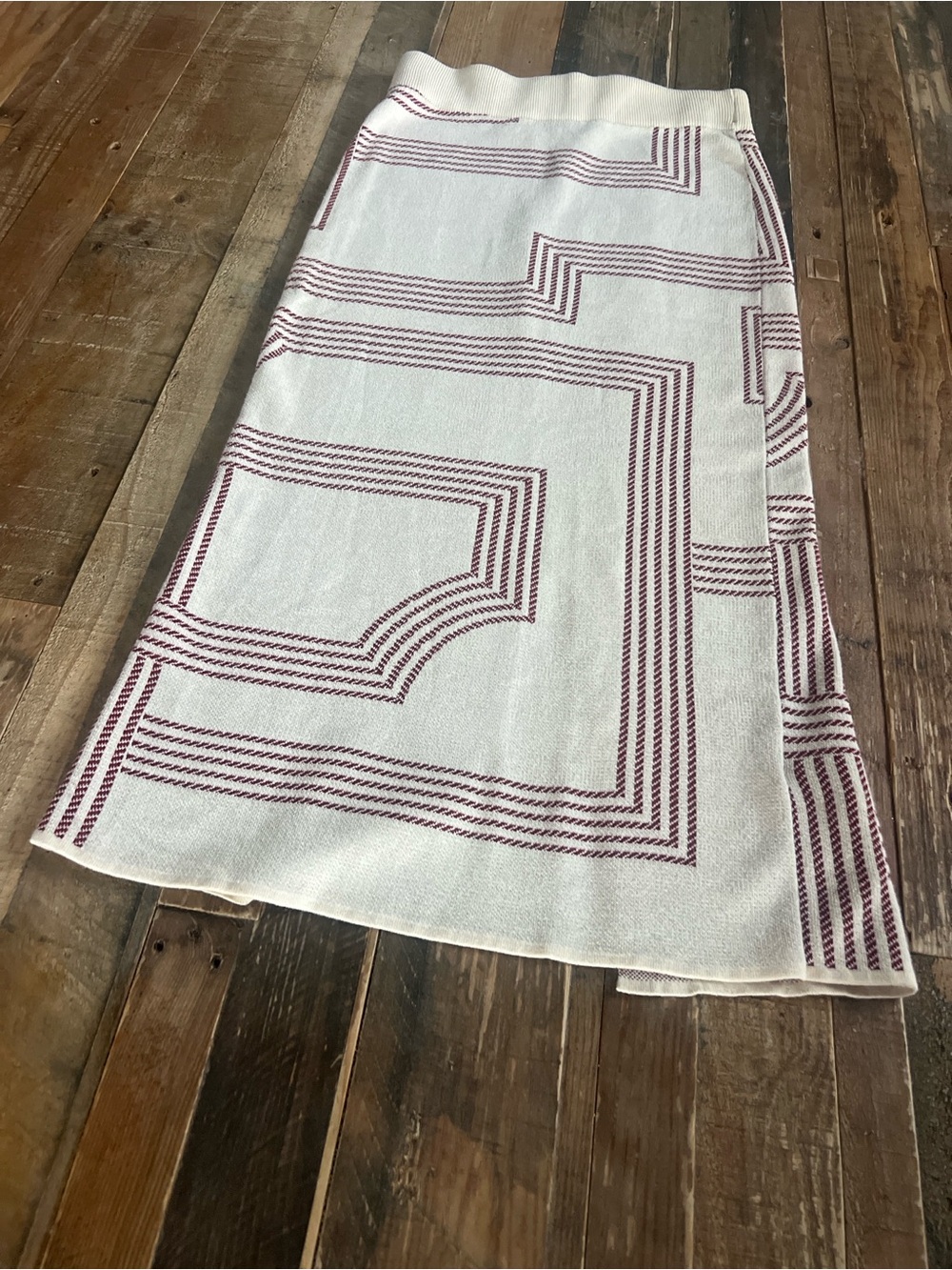 H&M Cream Midi Skirt with Burgundy Geometric Stripe